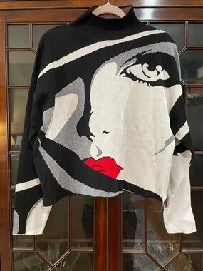 AKIRA Black & White Face Knit Sweater with Red Detail New with Tags Medium